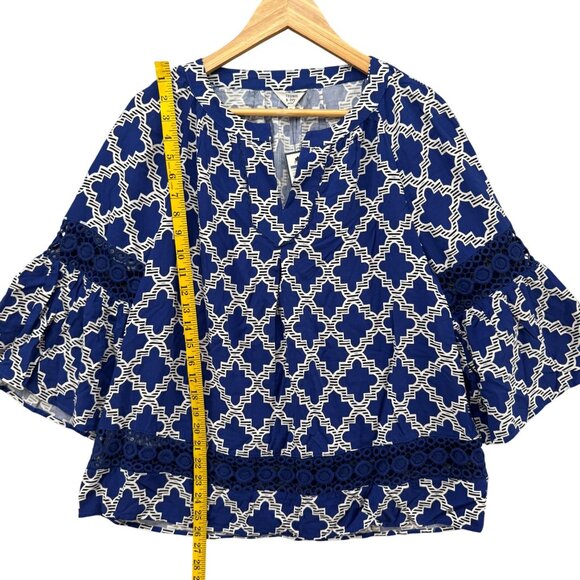 Crown Ivy Moroccan Market Blouse Womens Blue White Crochet Cutout Size PL - Picture 8 of 9